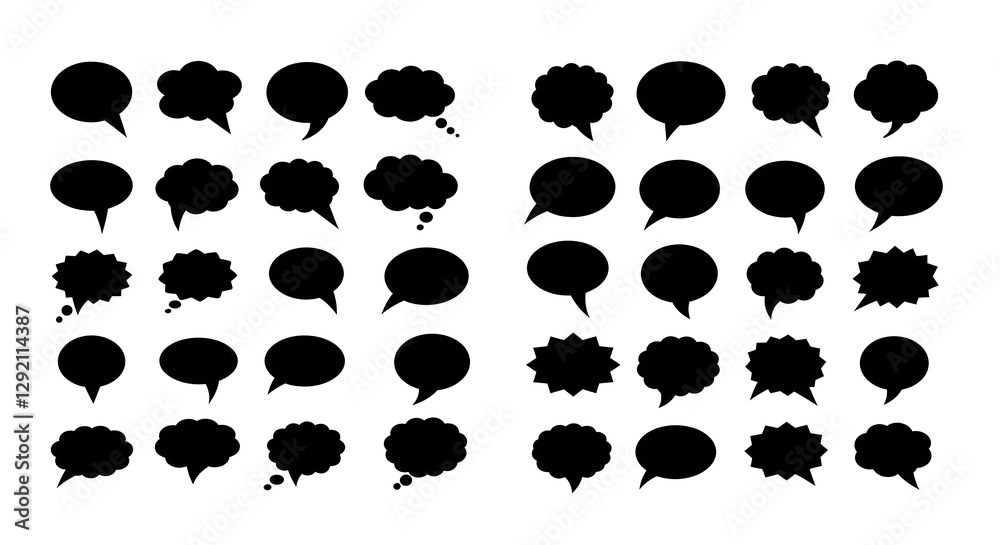 Fototapeta premium A collection of black speech bubbles in various shapes, ideal for illustrating dialogue, thoughts, or comic-style conversations.