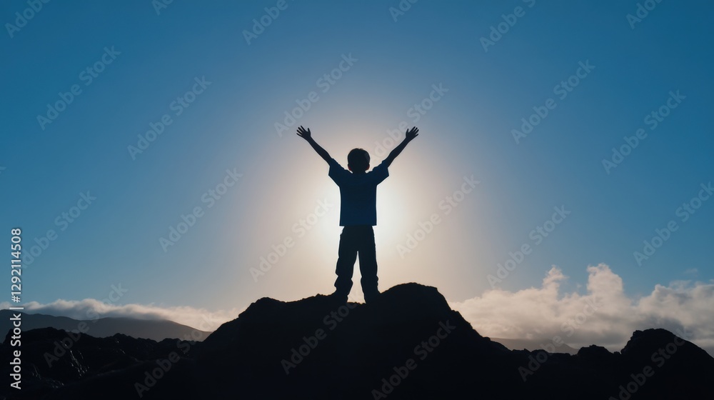 Silhouette of Child Reaching to the Sky at Sunset Silhouette of Child Reaching to the Sky at Sunset