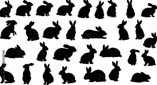A collection of black silhouettes of rabbits in various poses and orientations against a white background.