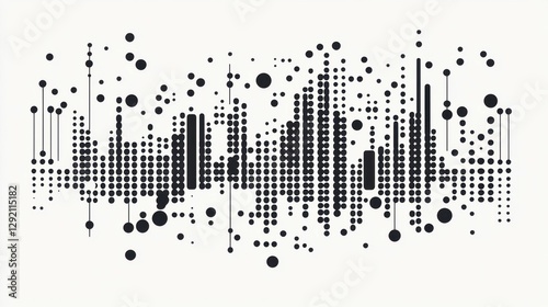 Black and White Vector Graphic of Sound Wave from Audio Visualizer with Varying Dots Representing Volume Levels on White Background