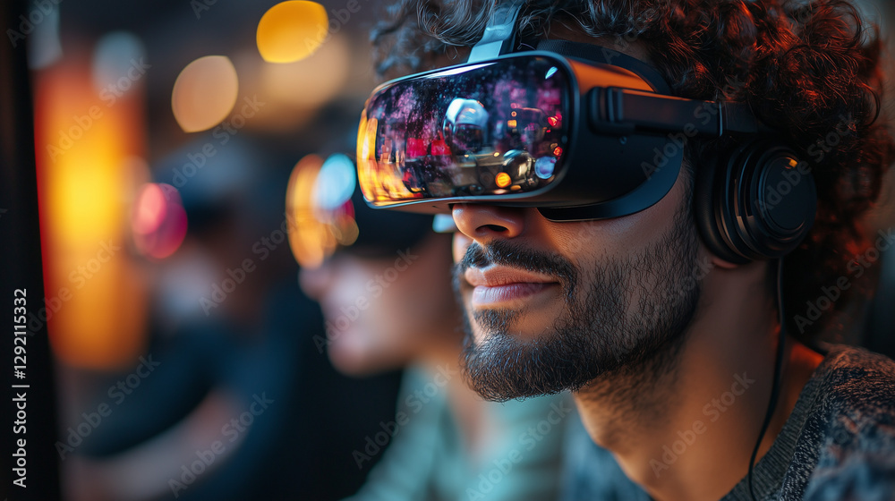 Man enjoying virtual reality experience in modern gaming environment Man enjoying virtual reality experience in modern gaming environment