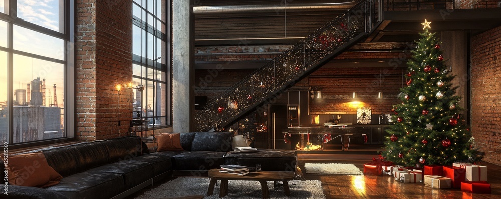 Fototapeta premium Christmas tree illuminating modern loft apartment living room