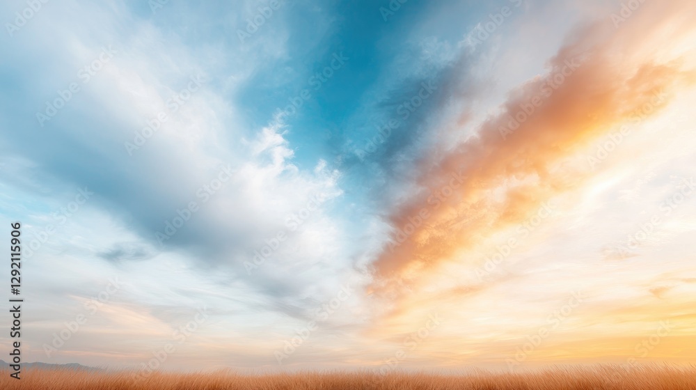 Fototapeta premium Sunset over field, dramatic sky, peaceful landscape, nature background
