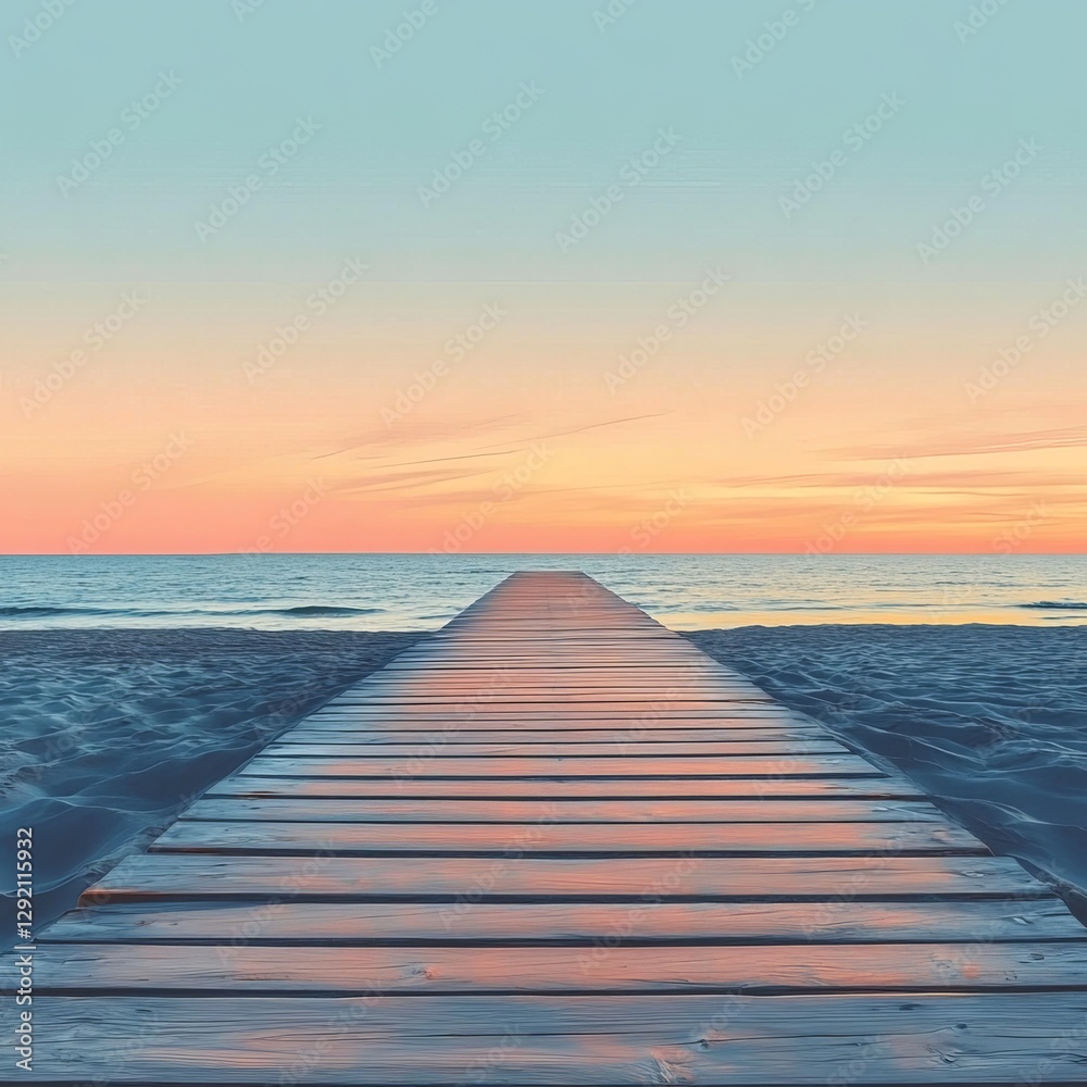 Obraz premium Sunset walkway over calm ocean waters beach boardwalk landscape photography serene atmosphere wide angle view