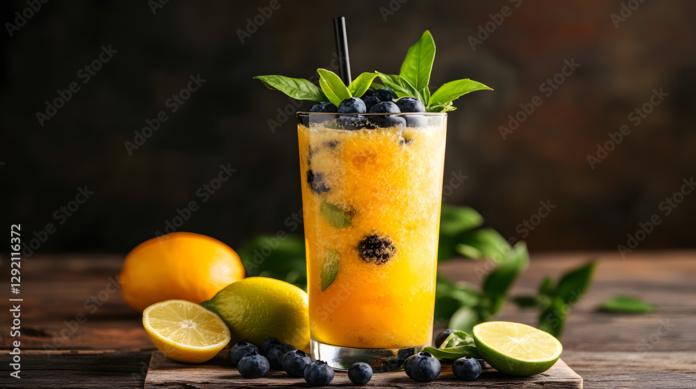 Fototapeta premium A refreshing citrus smoothie with orange, lemon, lime, and blueberries, served in a tall glass with a straw.