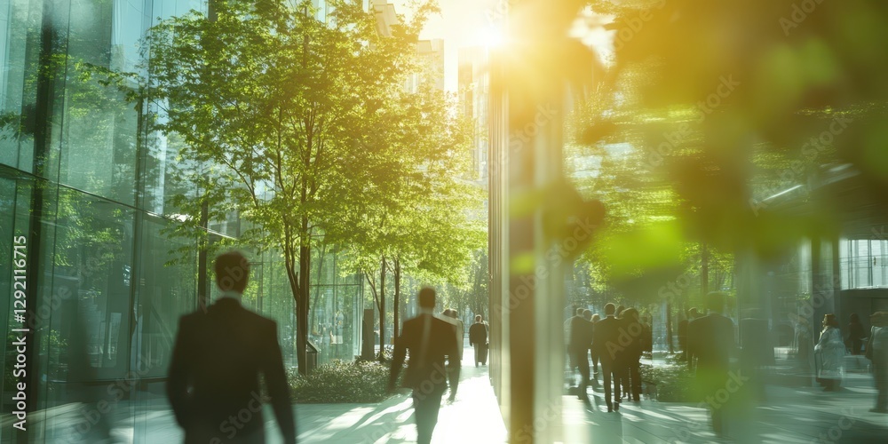 Business people walk among trees and modern architecture outside Business people walk among trees and modern architecture outside