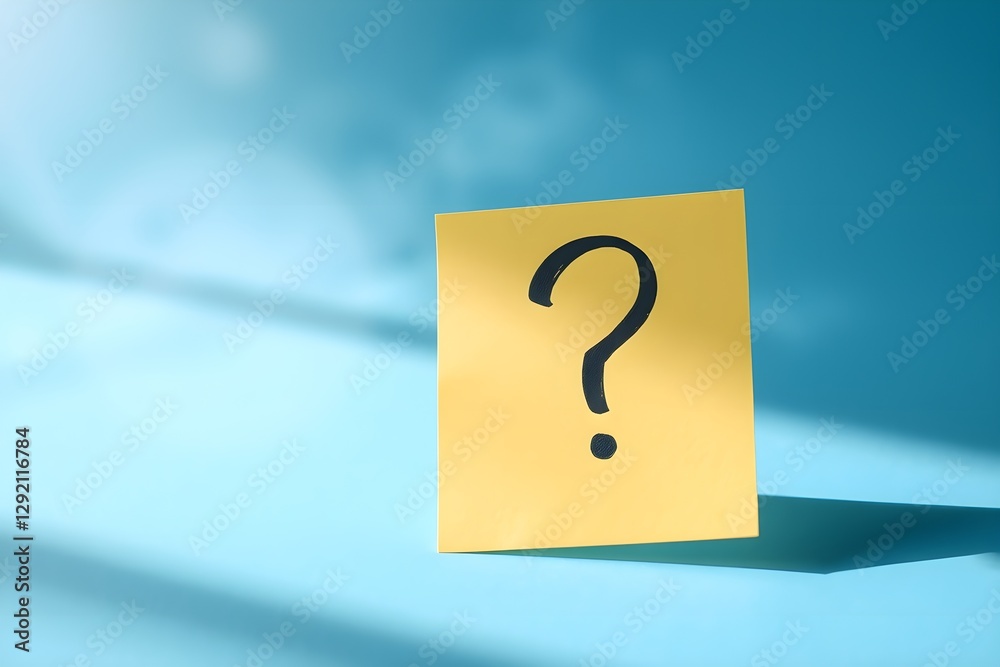 stock photo, volumetric lighting, soft pastel colors. Yellow sticky note, black question mark, on blue surface, casting a shadow. stock photo, volumetric lighting, soft pastel colors. Yellow sticky note, black question mark, on blue surface, casting a shadow.
