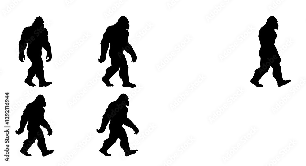 A series of silhouetted figures representing Bigfoot, showcasing different walking poses on a white background. A series of silhouetted figures representing Bigfoot, showcasing different walking poses on a white background.