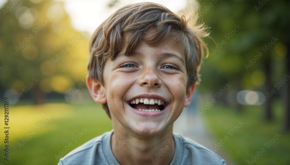 Smiling boy outdoors expressing joy in a sunny park with blurred greenery in the background Smiling boy outdoors expressing joy in a sunny park with blurred greenery in the background