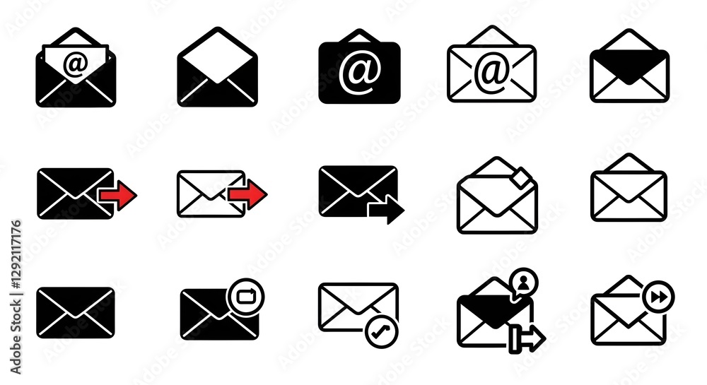 A collection of email icons, showcasing various symbols for sending, receiving, and managing messages. A collection of email icons, showcasing various symbols for sending, receiving, and managing messages.