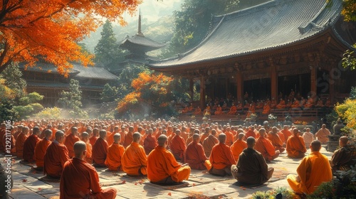 Monks meditating under colorful autumn trees in a tranquil Buddhist temple environment. Generative AI photo