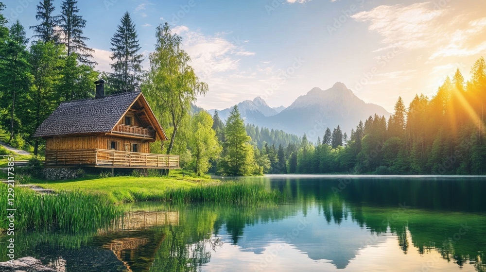 Fototapeta premium Calm morning view of Fusine lake. Colorful summer sunrise in Julian Alps with Mangart peak on background, Province of Udine, Italy, Europe. Beauty of nature concept background.