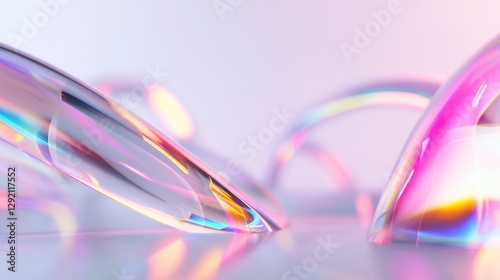 translucent iridescent bubblelike curves gently bending across pastel gradient surface creating futuristic glow copyspace concept of modern design technology advertising photo