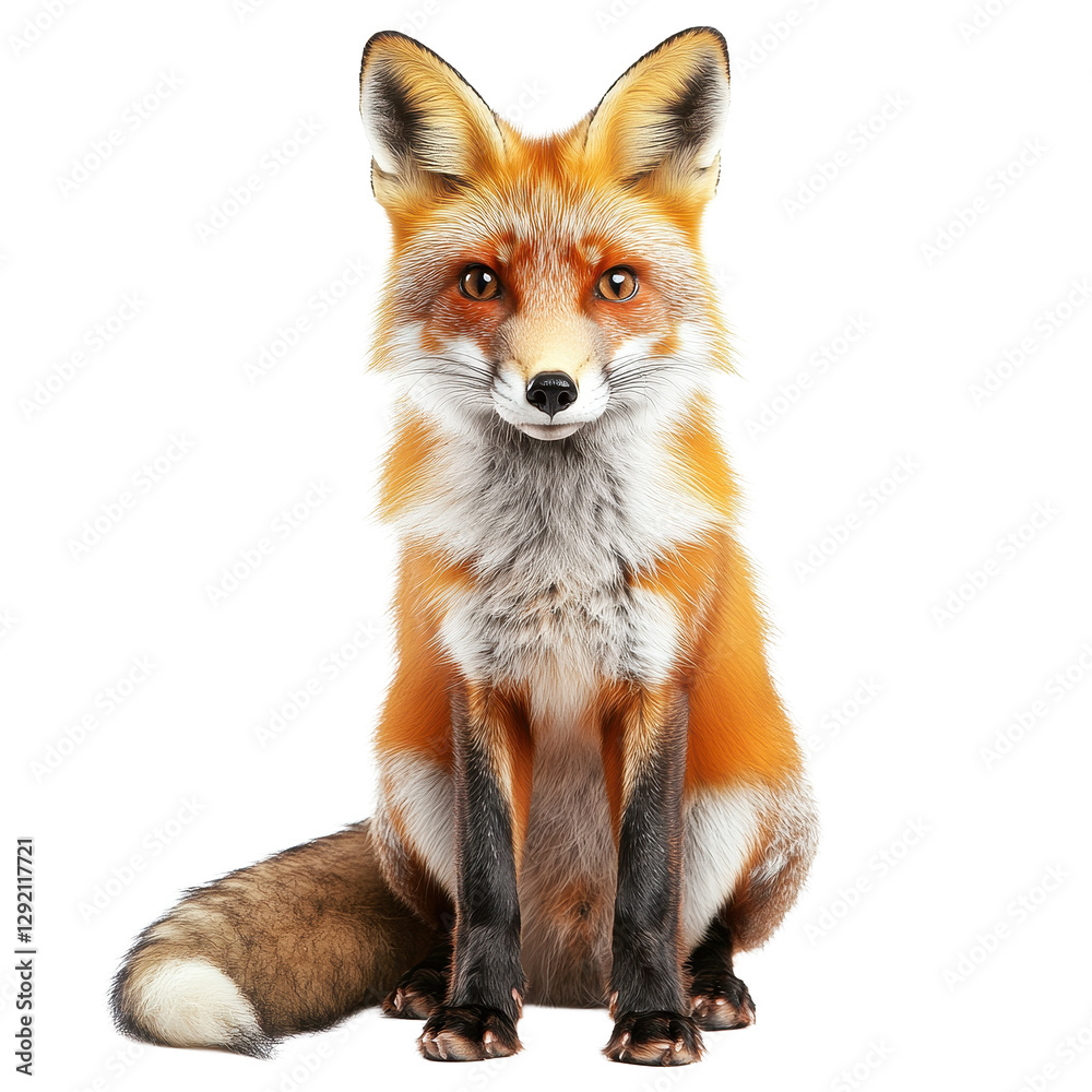Naklejka premium Red fox sits calmly on the ground gazing directly at the camera in natural habitat, red fox sitting on the ground looking at the camera, Transparent background