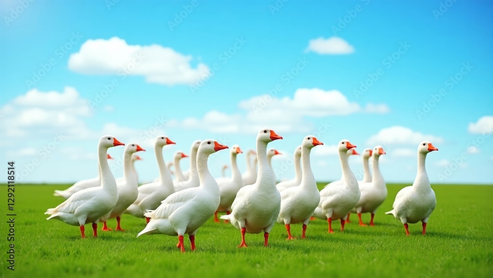 Obraz premium Serene flock of white geese on lush green field