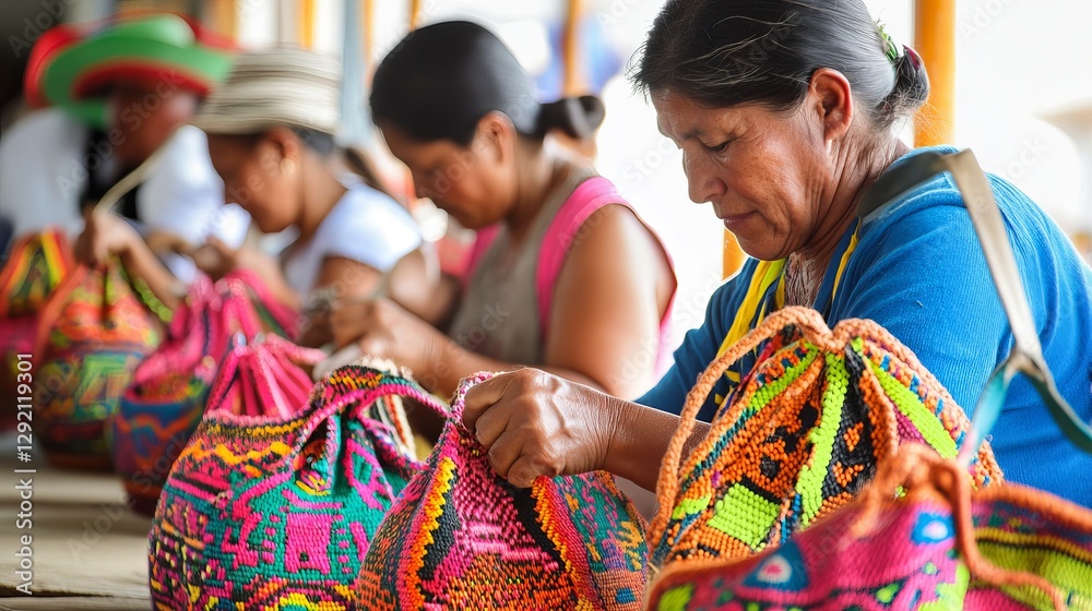 Naklejka premium Vibrant Colorful Handmade Woven Bags Traditional South American Textile Art Women Artisans Creating Authentic Colorful Patterned Bags Ecuadorian 