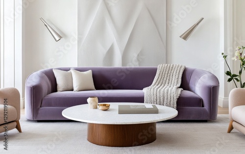 Elegant minimalist living room, deep lavender velvet sofa with oversized knitted throw, metallic silver geometric accent wall, floating terrazzo coffee