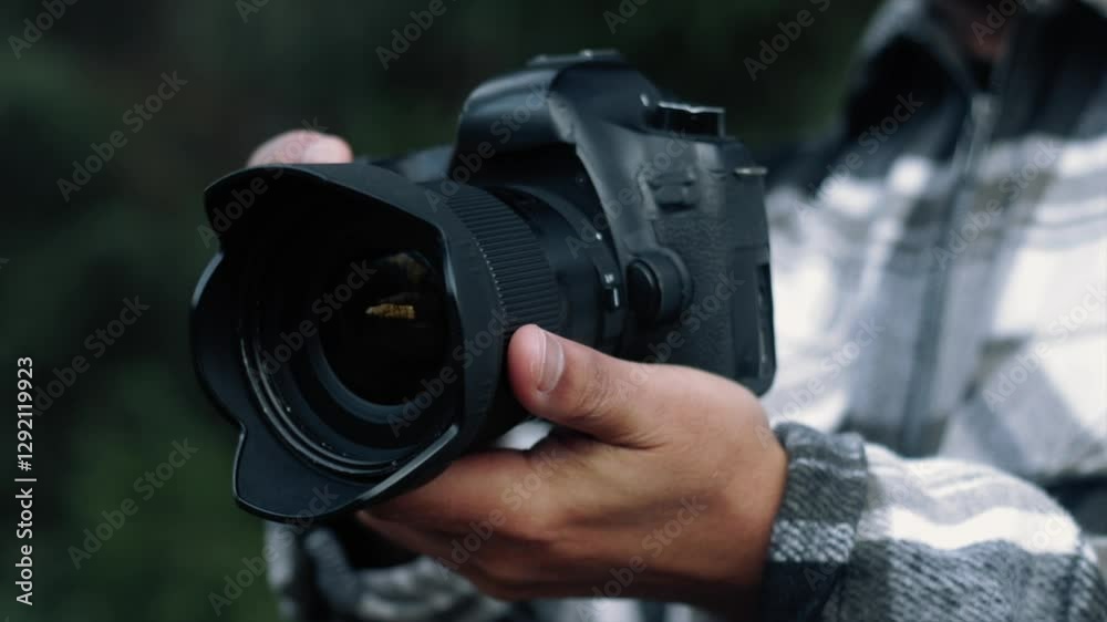 Professional photographer holding digital camera with attached lens hood, showcasing high end photography equipment against blurred natural background Professional photographer holding digital camera with attached lens hood, showcasing high end photography equipment against blurred natural background