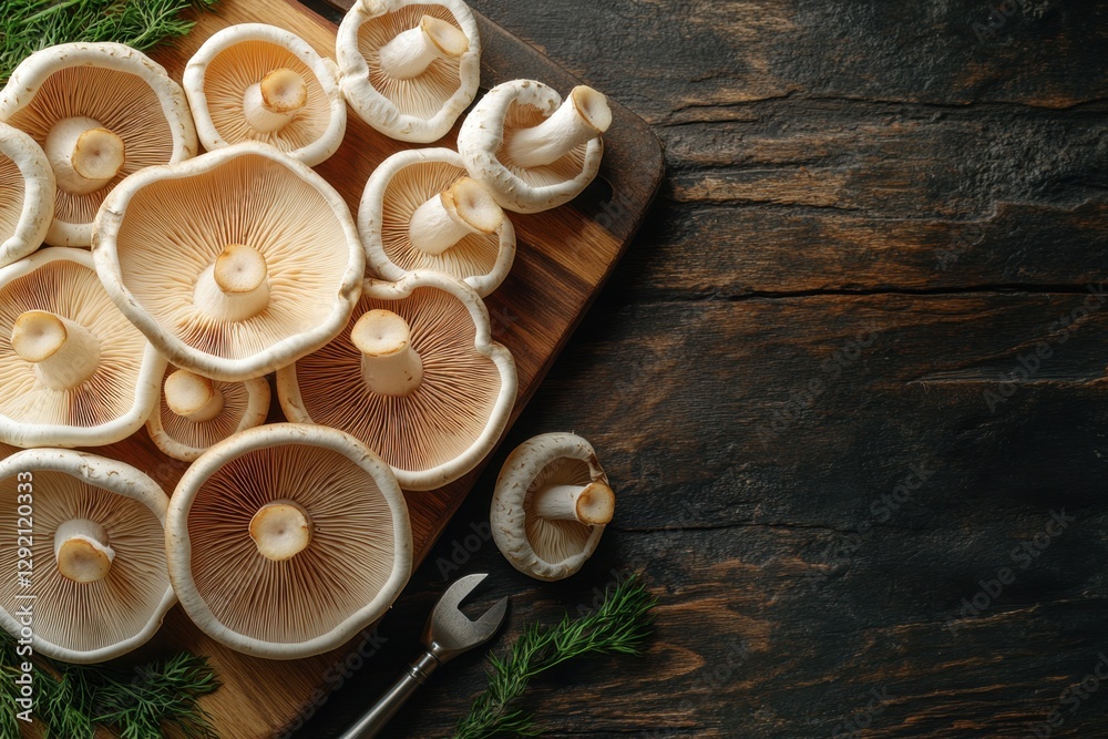 Mushrooms on a wooden table: A cluster of fresh, appetizing mushrooms arranged on a wooden surface with rustic charm, complemented by a backdrop of wood grain and a hint of greenery. Mushrooms on a wooden table: A cluster of fresh, appetizing mushrooms arranged on a wooden surface with rustic charm, complemented by a backdrop of wood grain and a hint of greenery.