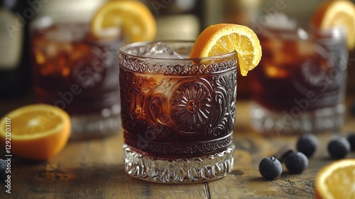 A Mezcal Negroni with smoky tones and an orange twist in a vintage glass. Generative AI