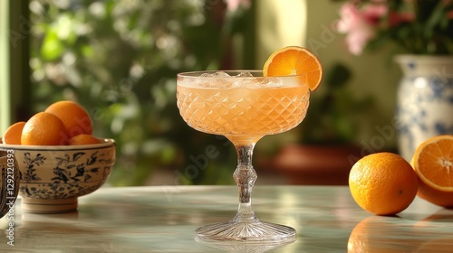 A refreshing cocktail in a vintage coupe glass with orange garnish. Generative AI photo