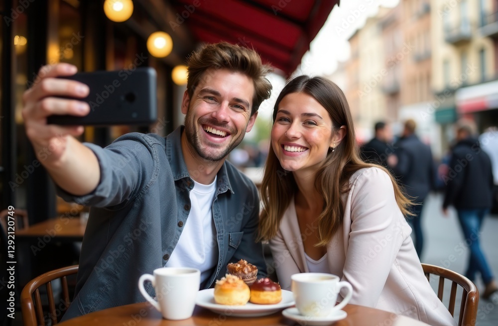 A cheerful couple takes a selfie while enjoying pastries and coffee at an outdoor cafe. The lively atmosphere includes people strolling by and scenic street views. A cheerful couple takes a selfie while enjoying pastries and coffee at an outdoor cafe. The lively atmosphere includes people strolling by and scenic street views.