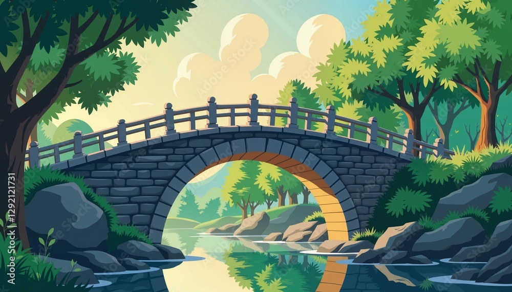 Fototapeta premium Scenic stone bridge over calm river, symbolizing peace