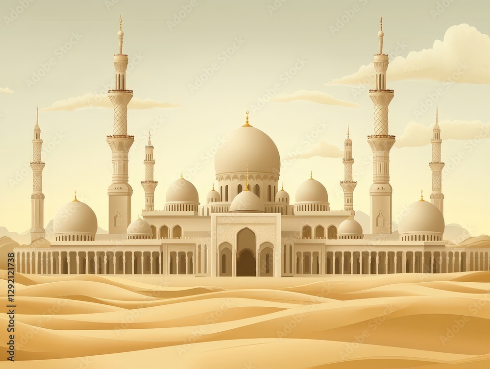 Obraz premium A detailed flat vector illustration of a grand mosque with domes and minarets, featuring intricate patterns and vibrant colors