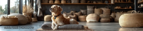Golden Retriever Relaxing on Soft Cushions in Cozy Boutique Interior. Generative AI photo