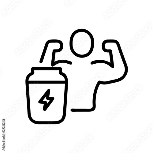 Pre Workout icon with muscular figure flexing beside energy drink container
