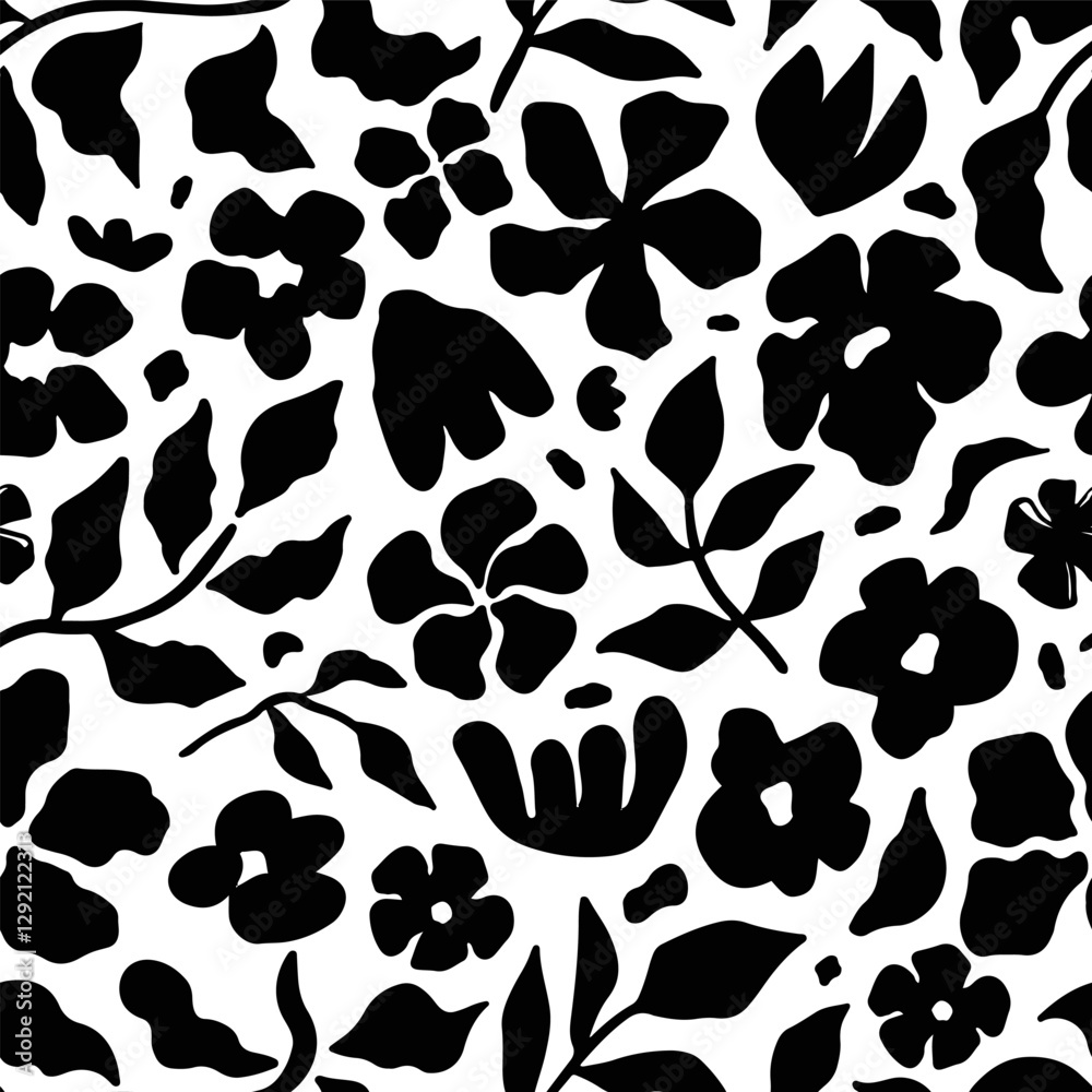 Fototapeta premium Seamless floral pattern with black silhouette flowers and leaves on a white background. Elegant botanical design for fabric, wallpaper, packaging, and modern creative projects. Vector illustration