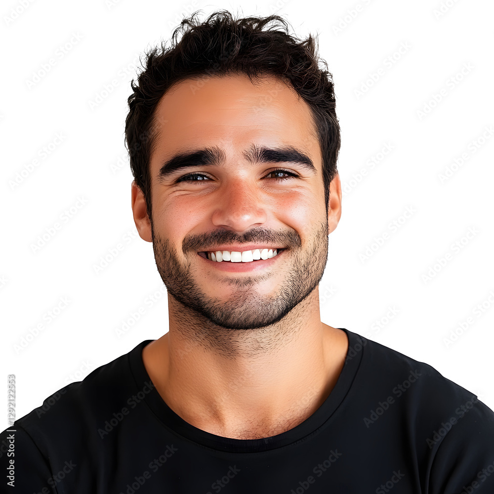 Fototapeta premium Smiling Man: Close-up of a man with a beard smiling against a plain white background, radiating positivity.