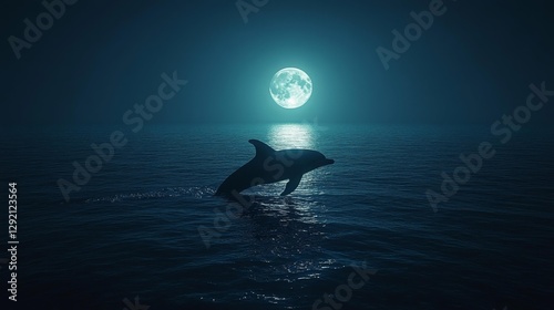 Dolphin swimming under the glow of a full moon in the ocean. Generative AI photo