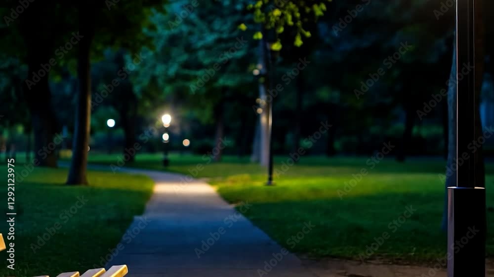 Park bench at night, pathway, trees, soft lighting Park bench at night, pathway, trees, soft lighting