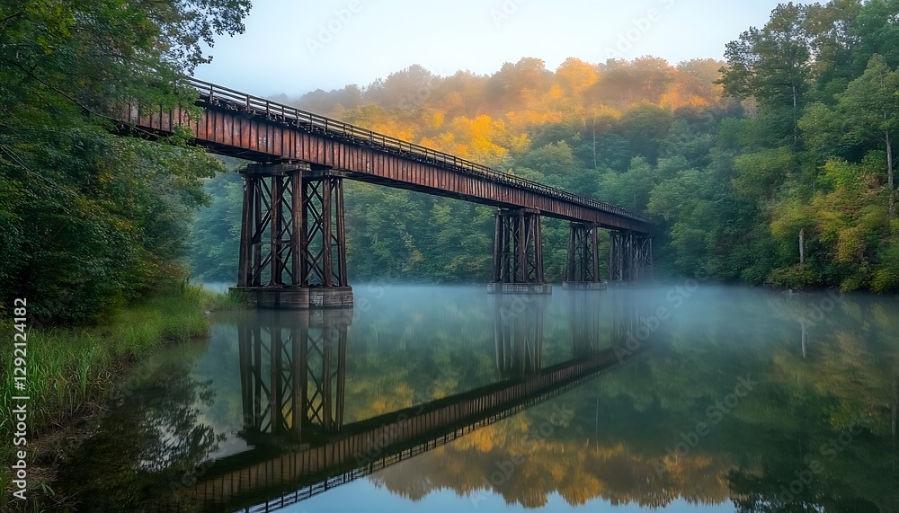 Obraz premium Misty Morning Train Bridge Reflection