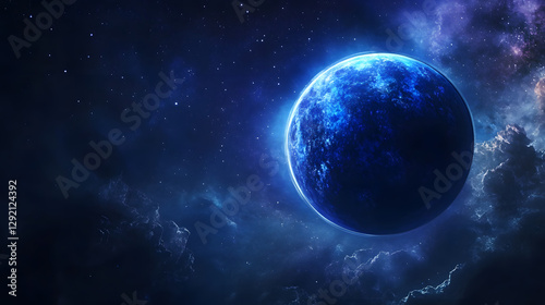 A blue planet with dark  icy landscapes and moons orbiting it in the background 