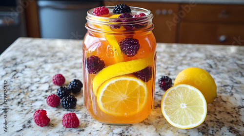 A citrus fruit and berry infused water served in a mason jar with orange slices, lemon, lime, and berries.
