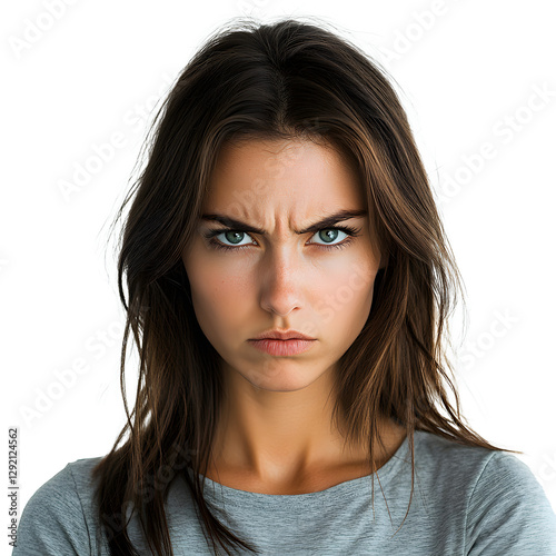 Woman showing displeasure with furrowed brows and intense stare, conveying anger or annoyance in studio shot. photo