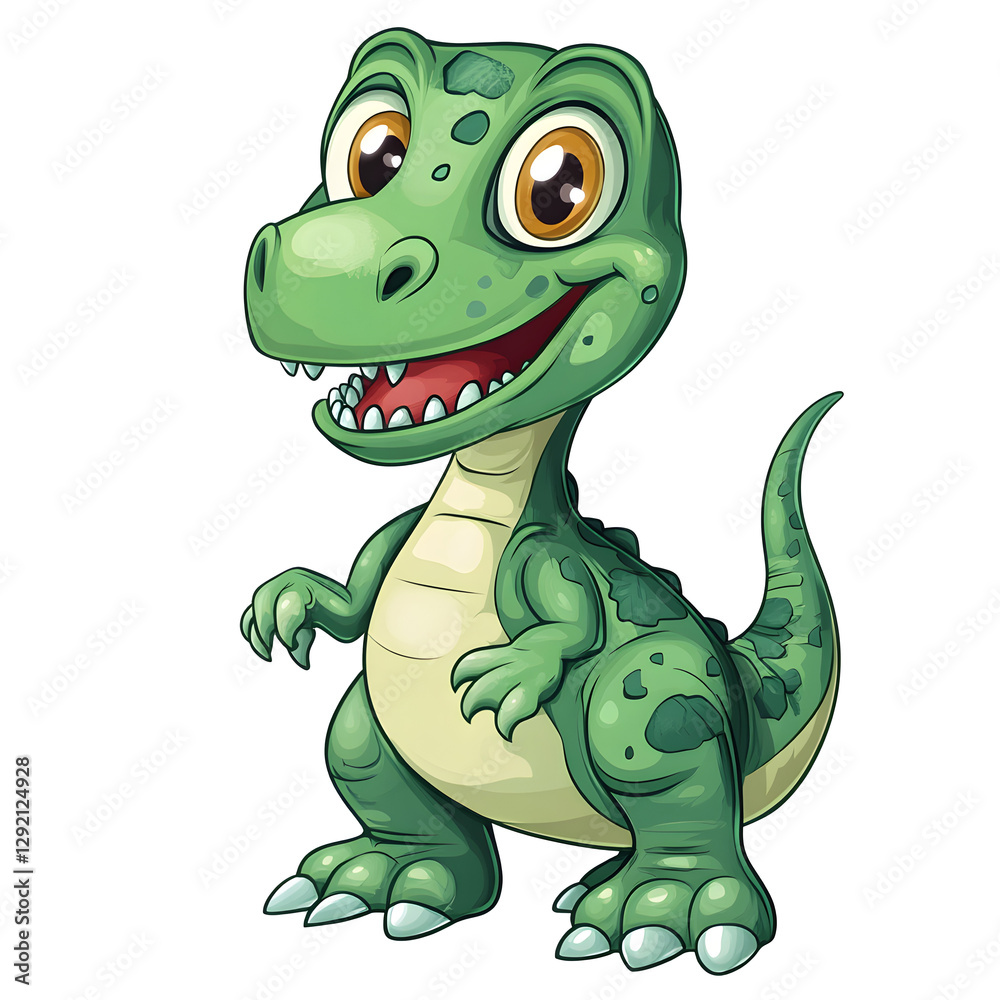 Fototapeta premium Cartoon dinosaur with green scales and friendly smile, standing playfully on a white background.