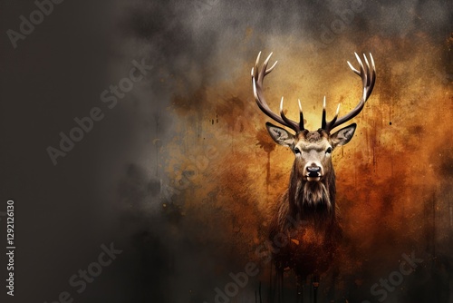 Majestic deer head with antlers on dark smoky background. Mystical wildlife art with moody autumn colors. Portrait of stag in dramatic lighting effect and textures photo