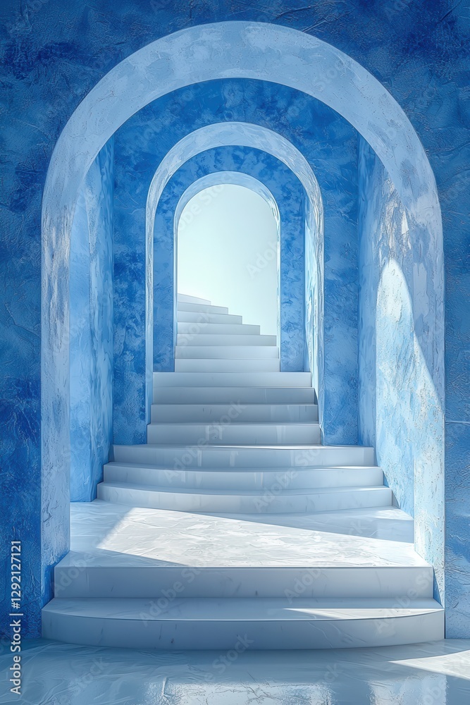 Obraz premium White podium and stairs surrounded by blue arches in minimalist space