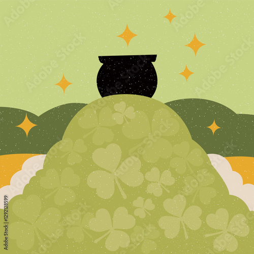 A minimalist flat design of an Irish landscape with rolling hills covered in shamrocks, silhouette of a pot at the top. The background is a combination of green and yellow, a cheerful atmosphere.