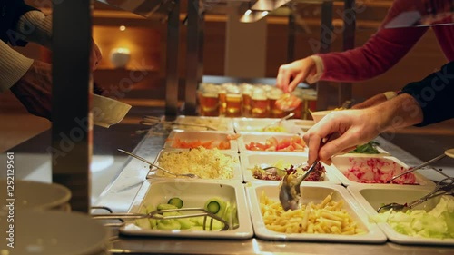 People helping themselves at the colorful salad bar with a healthy selection of fresh vegetables, glasses with colorful desert in the background