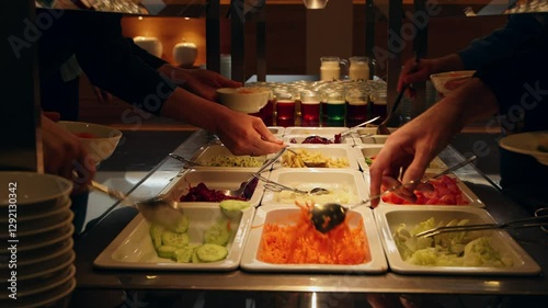 People helping themselves at the colorful salad bar with a healthy selection of fresh vegetables, glasses with colorful desert in the background