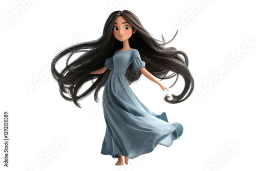 3D character girl spinning in a blue dress with long flowing hair isolated on transparent png background