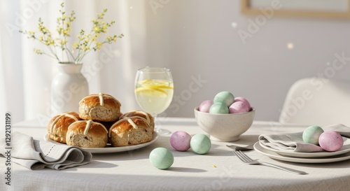 A beautifully set Easter table with a white linen tablecloth, a plate of freshly baked hot cross buns, pastel-colored eggs in a ceramic bowl, and a glass of spring lemonade photo