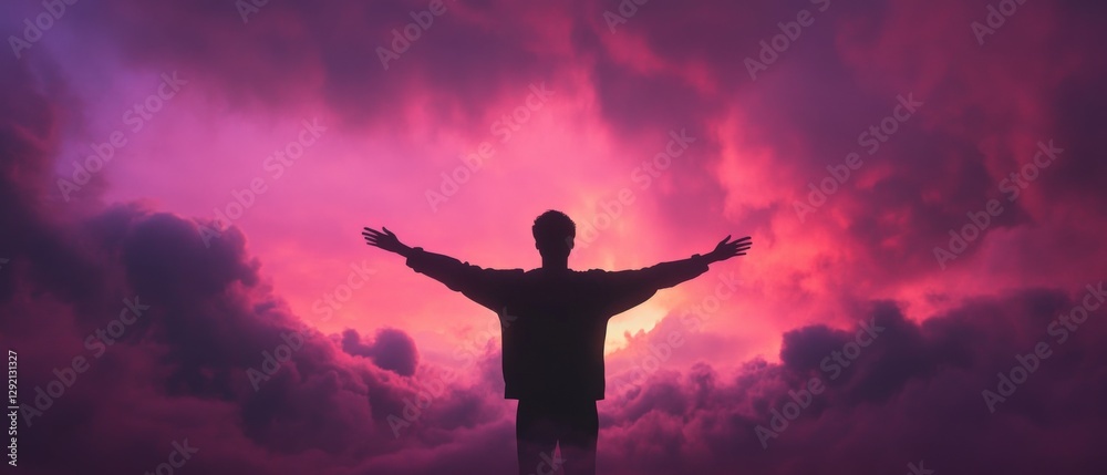 silhouette of person with arms outstretched against pink sky silhouette of person with arms outstretched against pink sky