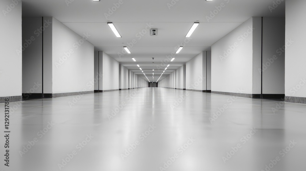 Fototapeta premium Long empty corridor, bright lights, modern building, architecture background
