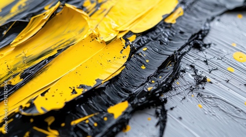 A painting with yellow and black paint splatters on a gray background