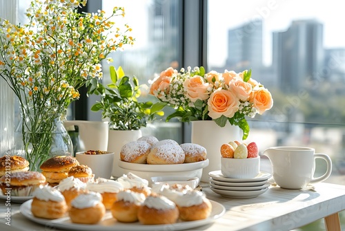 Wallpaper Mural Elegant Easter brunch setup on a sunny balcony with flowers and pastries. Generative AI Torontodigital.ca